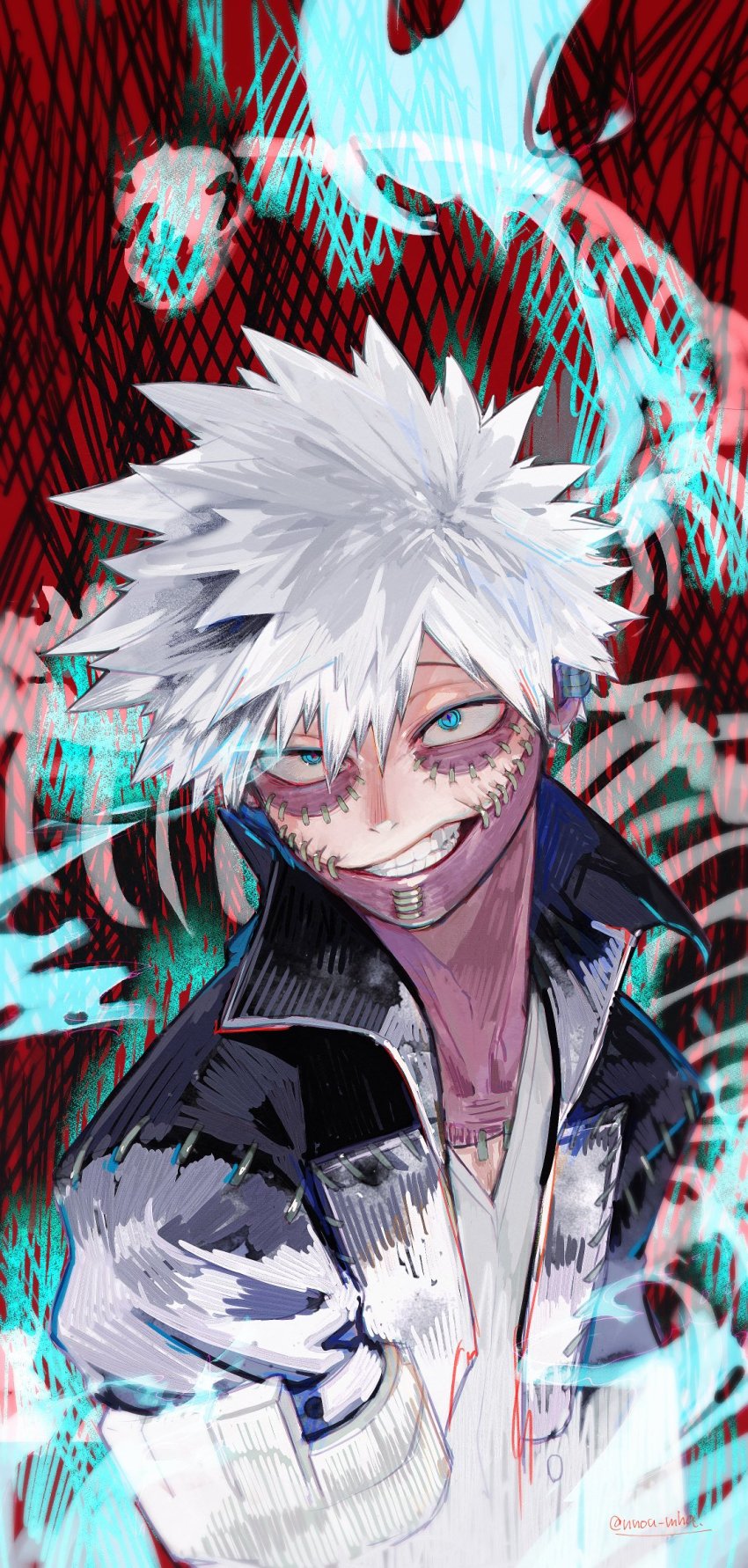 1boy, blue_eyes, boku_no_hero_academia, burn_scar, dabi_(boku_no_hero_academia), highres, jacket, looking_at_viewer