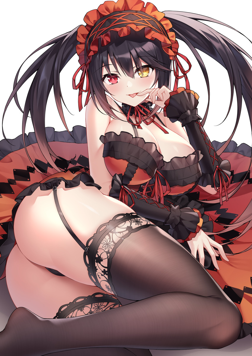 1girl, :p, absurdres, armpits, ass, asymmetrical_hair, bare_shoulders, black_dress, black_hair, black_panties, black_thighhighs, blush, breasts, breasts_out, cleavage, clock_eyes, commentary_request, date_a_live, detached_collar, detached_sleeves, dress, finger_to_mouth, frilled_dress, frills, from_below, garter_straps, hair_between_eyes, hairband, hand_up, heterochromia, highres, lace, lace-trimmed_legwear, lace_trim, large_breasts, legs, lolita_hairband, long_hair, looking_at_viewer, lying, no_shoes, on_side, orange_dress, panties, red_eyes, skindentation, solo, spaghetti_strap, symbol-shaped_pupils, thighhighs, thighs, tokisaki_kurumi, tongue, tongue_out, twintails, two-tone_dress, underwear, upskirt, very_long_hair, yellow_eyes, zijiang