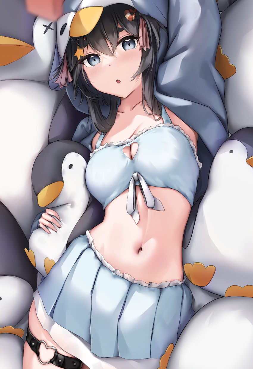 1girl, absurdres, animal_hood, arm_up, black_hair, blue_bra, blue_skirt, blush, bra, breasts, cleavage, cleavage_cutout, clothing_cutout, cowboy_shot, grey_eyes, hair_between_eyes, hair_ornament, heart_cutout, highres, holding, holding_stuffed_toy, hood, hood_up, hooded_jacket, jacket, looking_at_viewer, medium_breasts, navel, noot_(vtuber), open_clothes, open_jacket, parted_lips, penguin_hood, pleated_skirt, skai_kun, skirt, solo, star_(symbol), star_hair_ornament, stomach, stuffed_animal, stuffed_penguin, stuffed_toy, thick_eyebrows, thigh_strap, underwear, vdonburi, virtual_youtuber