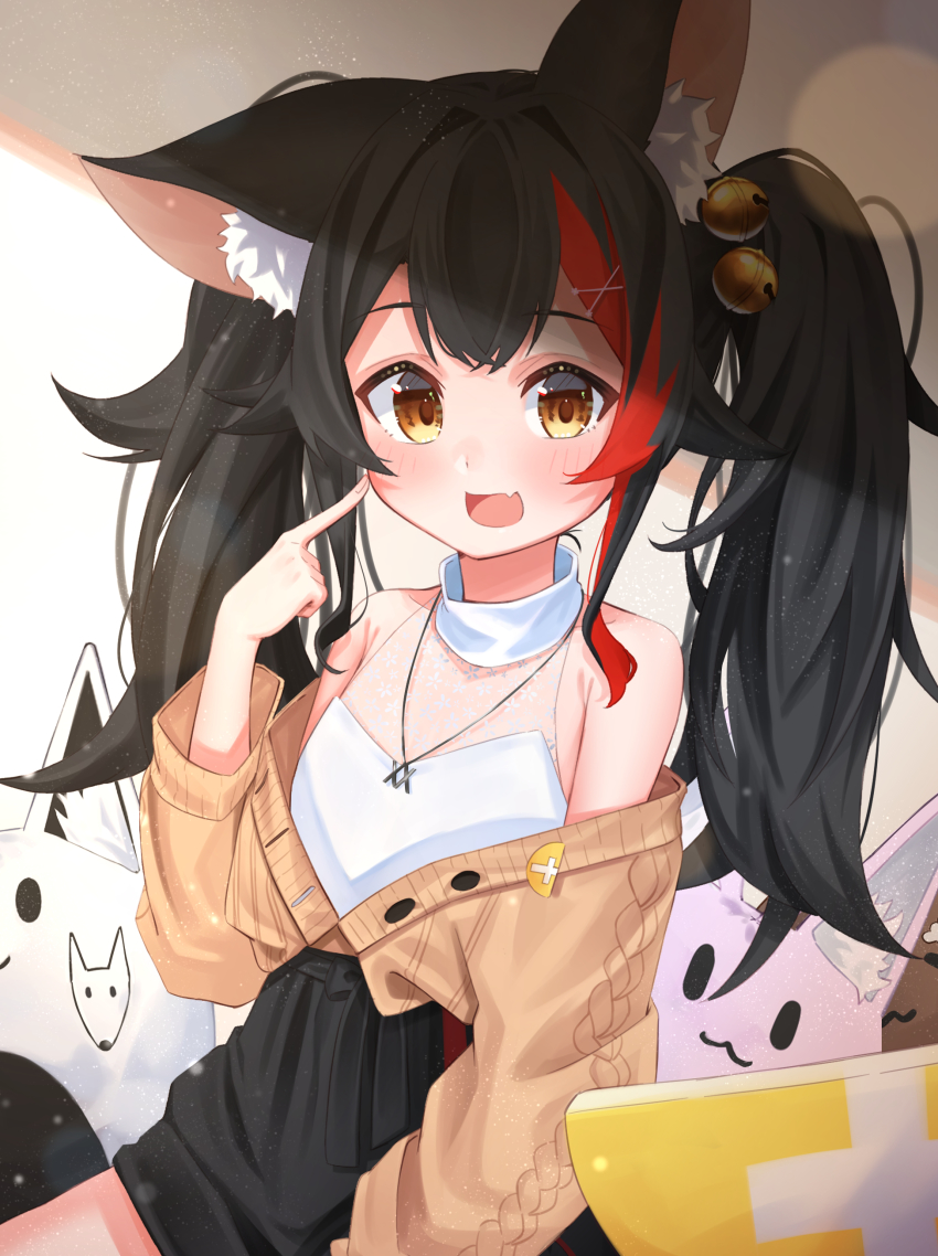 1girl, :d, absurdres, aged_down, animal_ear_fluff, animal_ears, bare_shoulders, bell