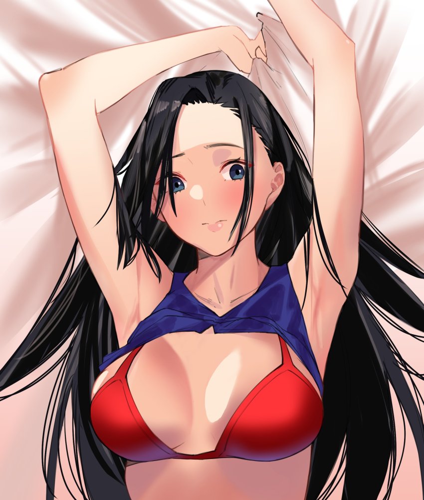 1girl, armpits, arms_up, bed, bed_sheet, black_hair, blue_eyes, blush, boku_no_hero_academia, bra, breasts, cleavage, clothes_lift, collarbone, hair_down, highres, large_breasts, looking_at_viewer, messy_hair, pov, red_bra, sheet_grab, shirt_lift, solo, talnory, underwear, yaoyorozu_momo