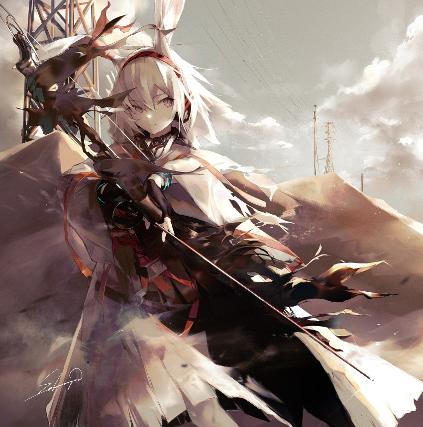 1girl, absurdres, animal_ears, april_(arknights), april_(faraway_gaze)_(arknights), arknights, arrow_(projectile), bow_(weapon)