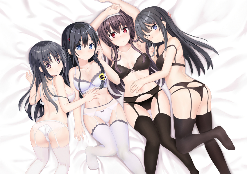 4girls, absurdres, black_hair, black_thighhighs, blue_eyes, bow, bow_panties, bra, breasts, commission, crossover, garter_straps, grey_hair, highres, horikita_suzune, hoshimi_tooni, kasumigaoka_utaha, long_hair, lying, multiple_crossover, multiple_girls, orange_eyes, ore_wo_suki_nano_wa_omae_dake_ka_yo, panties, pixiv_commission, red_eyes, saenai_heroine_no_sodatekata, sakurajima_mai, sanshokuin_sumireko, seishun_buta_yarou, thighhighs, underwear, underwear_only, white_bra, white_legwear, white_panties, youkoso_jitsuryoku_shijou_shugi_no_kyoushitsu_e