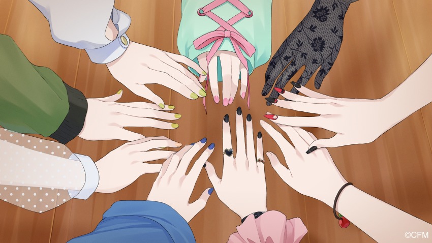 6+girls, absurdres, animal_(vocaloid), black_gloves, black_nails, blouse, blue_nails, blue_sweater