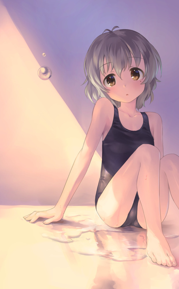 antenna_hair, arm_support, black_one-piece_swimsuit, breasts, child, collarbone, commentary_request, crotch
