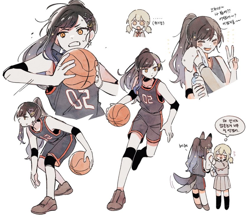 ..., 2girls, animal_ears, azusawa_kohane, ball, basketball, basketball_(object), basketball_uniform