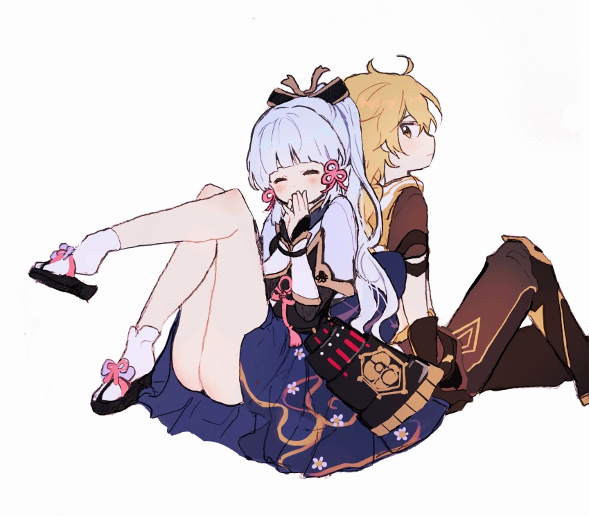 1boy, 1girl, 5rwpvc, ^_^, aether_(genshin_impact), ahoge, armor, armored_dress