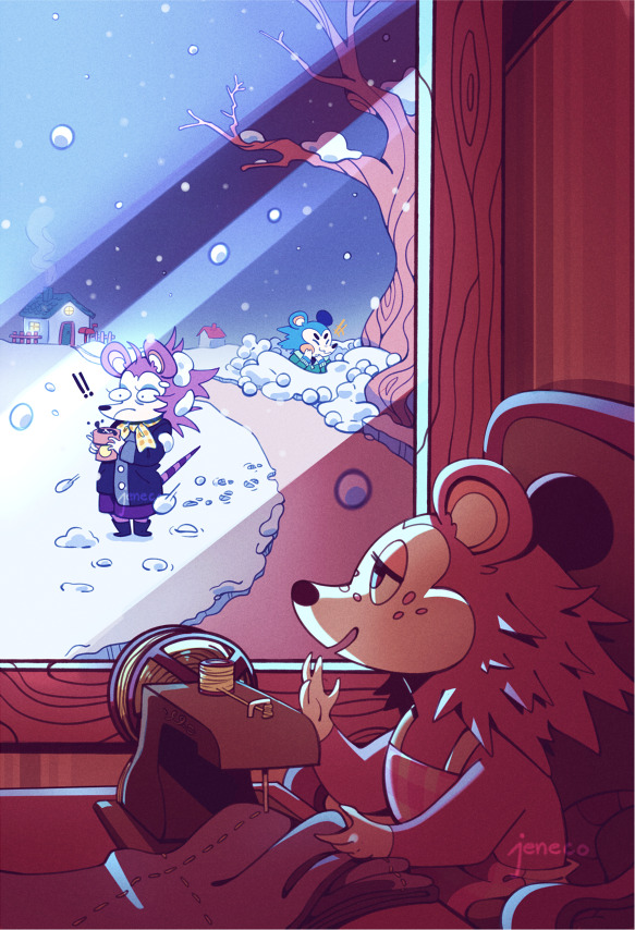 animal_crossing, hedgehog, house, jeneco, label_able_(animal_crossing), looking_outside, mabel_able_(animal_crossing), night