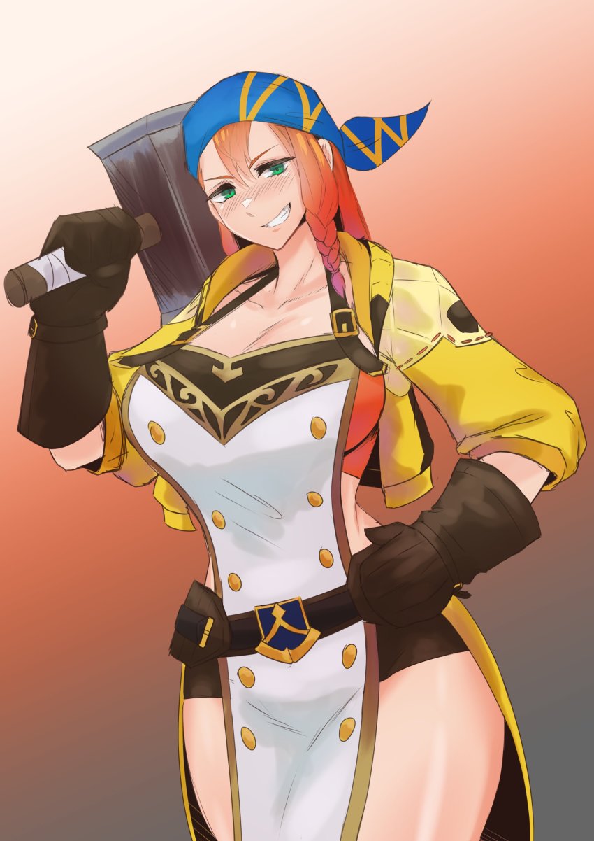 1girl, absurdres, apron, bandana, belt, bike_shorts, black_gloves, blue_bandana