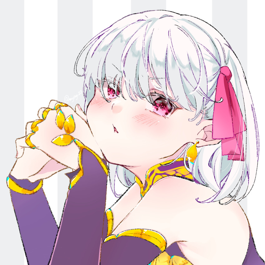 1girl, 23xxx, bare_shoulders, blush, breasts, earrings, fate/grand_order, fate_(series), hair_ribbon, highres, jewelry, kama_(assassin)_(first_ascension)_(fate), kama_(fate), kama_(first_ascension)_(fate), kama_(young)_(fate), looking_at_viewer, red_eyes, ribbon, short_hair, silver_hair, small_breasts, solo