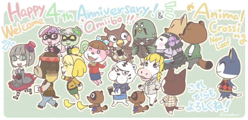 animal_crossing, anniversary, bird, blathers_(animal_crossing), blue_background, border, brewster_(animal_crossing), cece_(animal_crossing)