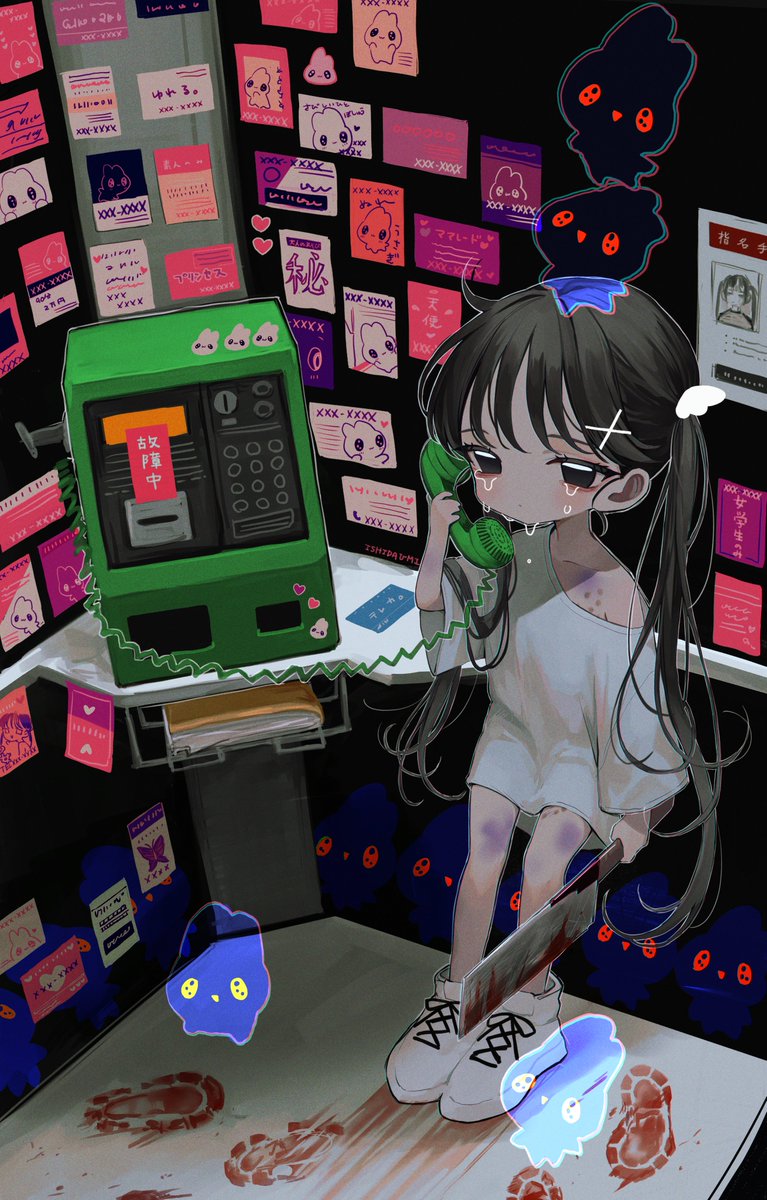 1girl, bite_mark, black_hair, blood, bloody_knife, blouse, bruise, bruise_on_arm