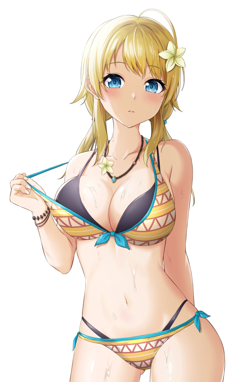 1girl, absurdres, bare_shoulders, bikini, bikini_pull, blonde_hair, blue_eyes, blush