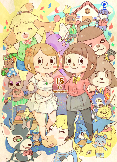 animal_crossing, anniversary, blouse, bluebear_(animal_crossing), bob_(animal_crossing), butterfly_net, colton_(animal_crossing), digby_(animal_crossing), dress, everyone, fauna_(animal_crossing), fishing_rod, hand_net, house, isabelle_(animal_crossing), leonardo_(animal_crossing), lobo_(animal_crossing), looking_at_another, lottie_(animal_crossing), lyle_(animal_crossing), medium_hair, nintendo, o'hare_(animal_crossing), pants, pecan_(animal_crossing), pierce_(animal_crossing), red_shirt, redd_(animal_crossing), shirt, source_request, standing, tight_clothes, tight_pants, tom_nook_(animal_crossing), villager_(animal_crossing), waving, white_dress, zell_(animal_crossing)