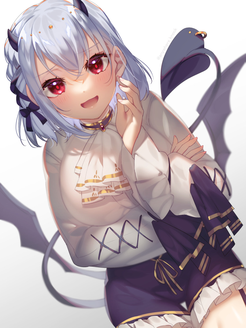 1girl, :d, anywhere_knock, arm_under_breasts, bad_id, bad_pixiv_id, blush, bow