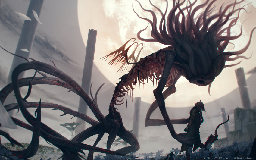 1other, alien, artist_name, bloodborne, brown_coat, coat, eldritch_abomination, flower