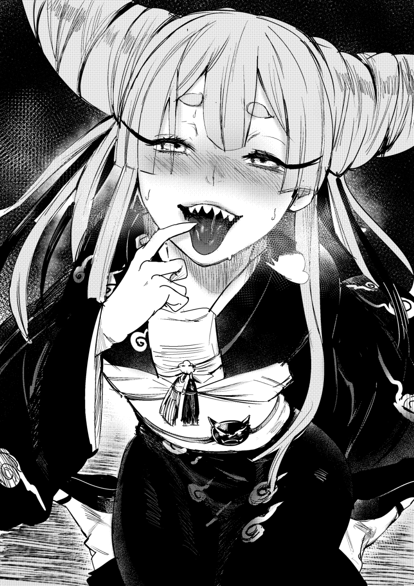 1girl, ayashimon, black_kimono, blush, drill_hair, eyelashes, furiouzly, greyscale, hand_up, highres, japanese_clothes, kimono, long_hair, looking_at_viewer, monochrome, open_mouth, saliva, sharp_teeth, solo, sweatdrop, teeth, tongue, urara_(ayashimon), white_hair, yukata