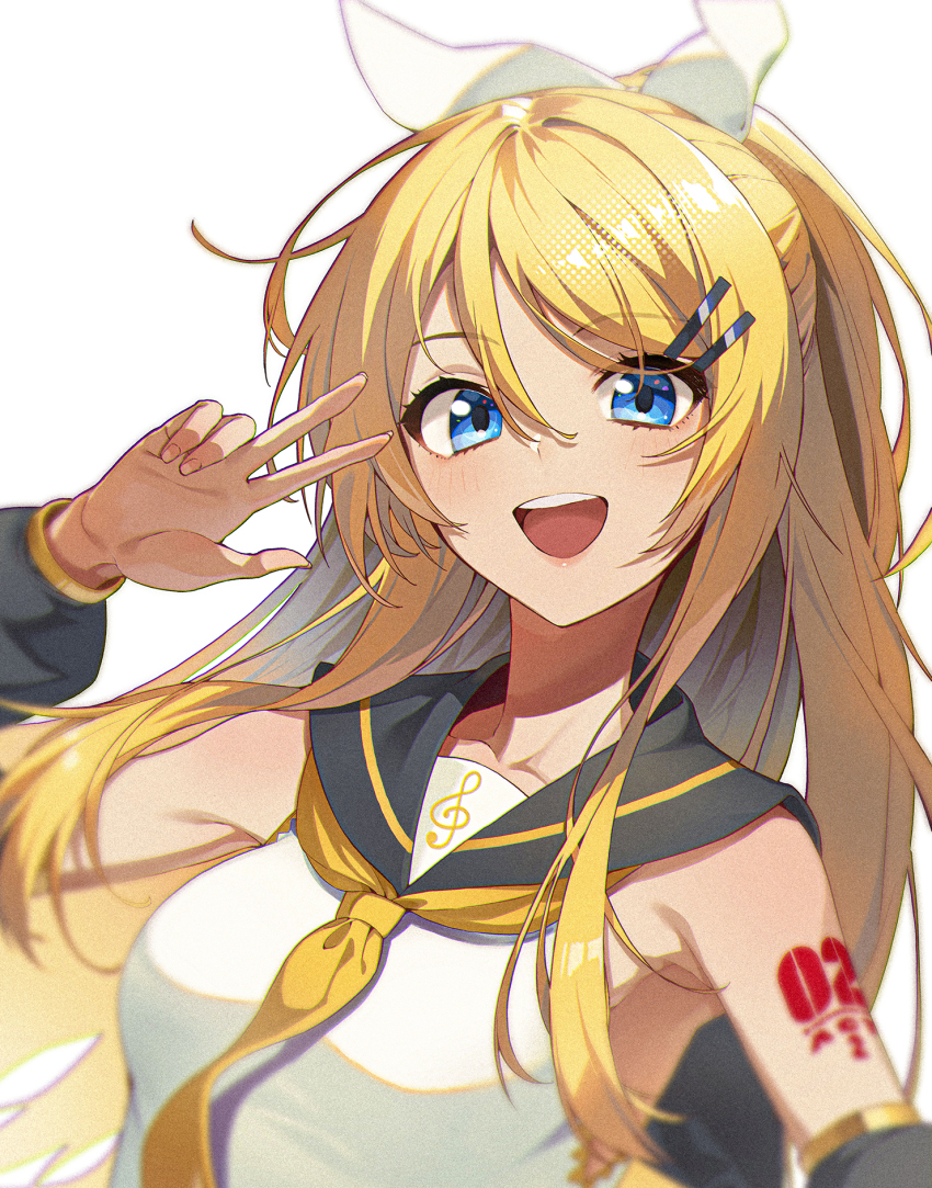 :d, aged_up, alternate_hair_length, alternate_hairstyle, bad_id, bad_pixiv_id, blonde_hair, blue_eyes, collarbone, commentary, detached_sleeves, kagamine_rin_(future_style), hair_between_eyes, hair_ornament, hairband, hairclip, highres, kabu_(niniko2ko), kagamine_rin, long_hair, looking_at_viewer, neckerchief, open_mouth, rin-chan_now!_(vocaloid), simple_background, smile, upper_body, vocaloid, w, white_background, white_hairband, yellow_neckerchief