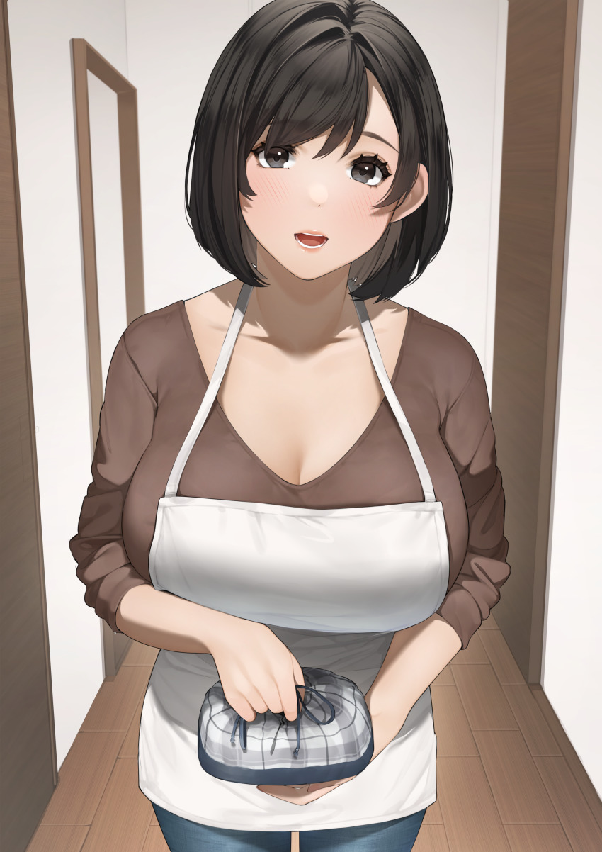 1girl, absurdres, apron, bento, black_eyes, black_hair, blush, breasts, brown_shirt, cleavage, collarbone, denim, eyelashes, highres, housewife, indoors, jeans, large_breasts, lips, long_sleeves, looking_at_viewer, mature_female, non-web_source, open_mouth, original, pants, parted_lips, pink_lips, sakura_no_tomoru_hi_e, shirt, short_hair, solo, teeth, white_apron, wooden_floor, wrapped_bento