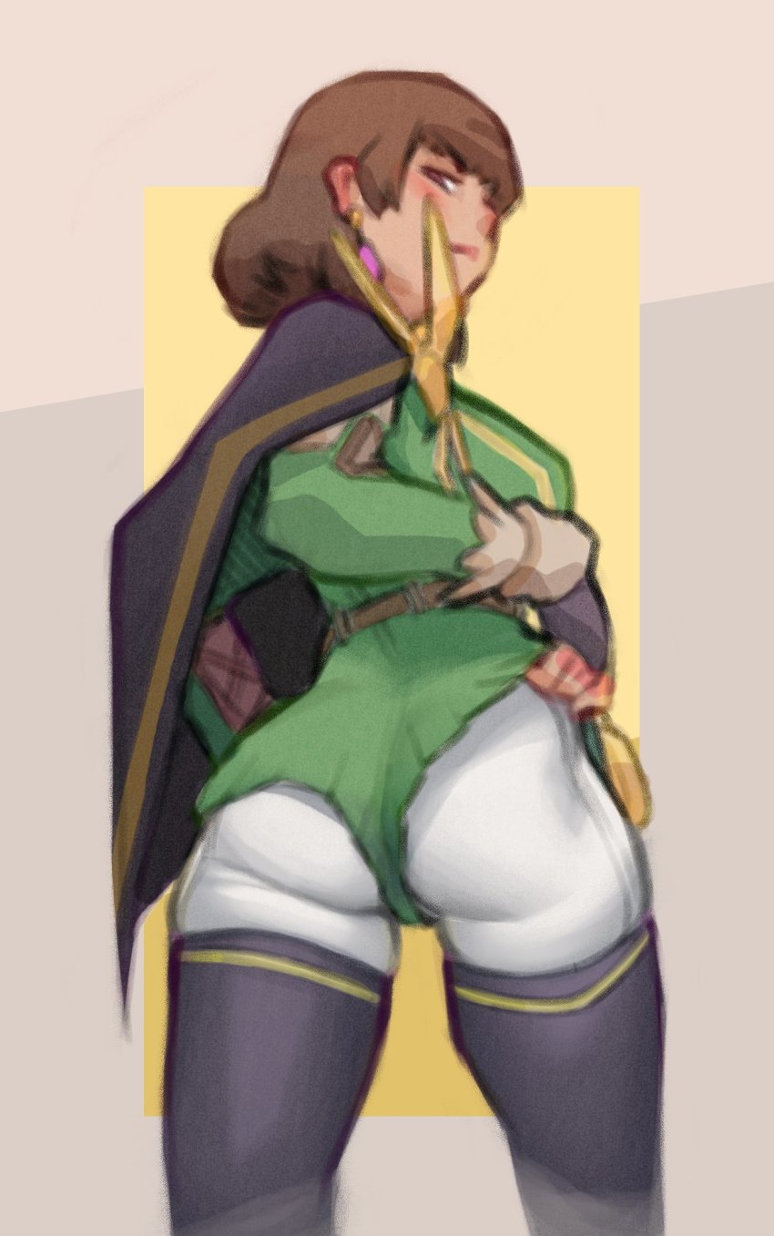 1girl, ass, belt, black_boots, black_cape, boots, brown_hair, cape, commentary, earrings, english_commentary, fingerless_gloves, from_behind, gloves, green_unitard, harsh-mallowz, highres, jewelry, lifting_own_clothes, looking_back, monster_hunter_(series), monster_hunter_rise, pantyhose, rondine, solo, thigh_boots, thighhighs, unitard, white_thighhighs