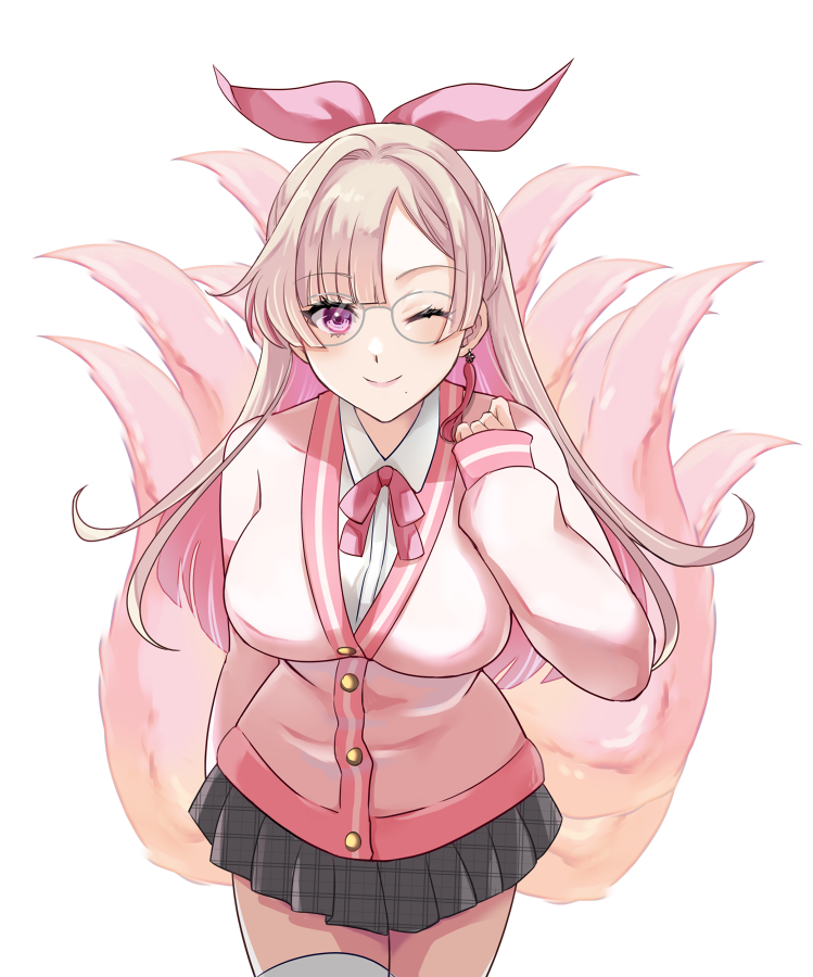 1girl, 24_owl15, ;), asymmetrical_bangs, bespectacled, black_skirt, blonde_hair, blunt_bangs