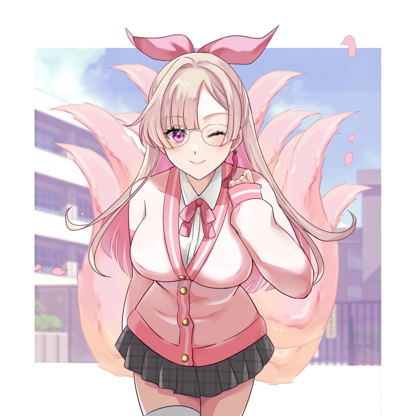 1girl, 24_owl15, ;), absurdres, asymmetrical_bangs, bespectacled, black_skirt, blonde_hair, blunt_bangs, blurry, blurry_background, breasts, colored_inner_hair, commentary_request, cowboy_shot, day, earrings, fox_tail, glasses, hair_ribbon, highres, jewelry, kitsune, kyuubi, large_breasts, long_sleeves, looking_at_viewer, makurano_neena, mole, mole_under_mouth, multicolored_hair, multiple_tails, one_eye_closed, outdoors, petals, pink_eyes, pink_hair, pink_ribbon, pleated_skirt, production_kawaii, ribbon, school, school_uniform, single_earring, skirt, sleeves_past_wrists, smile, solo, tail, tassel, tassel_earrings, thighhighs, two-tone_hair, virtual_youtuber