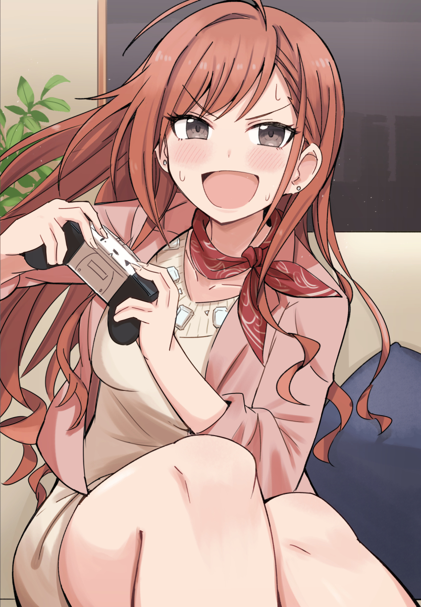 ahoge, arisugawa_natsuha, bandana, beige_dress, blush, brown_eyes, commentary_request, controller