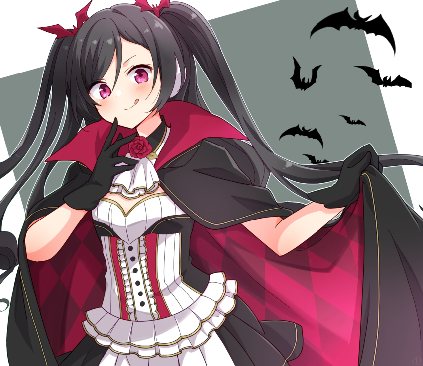1girl, :q, argyle, ascot, bat_(animal), bat_hair_ornament, black_gloves, black_hair