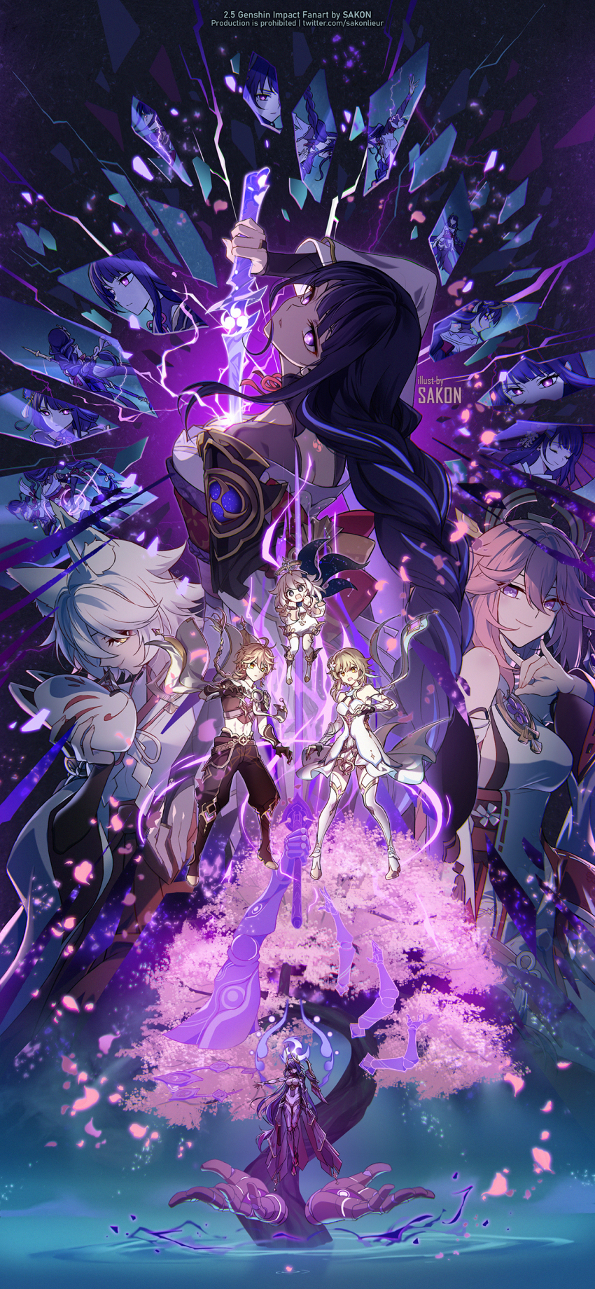 1boy, 6+girls, absurdres, animal_ears, armor, artist_name, black_scarf, blonde_hair