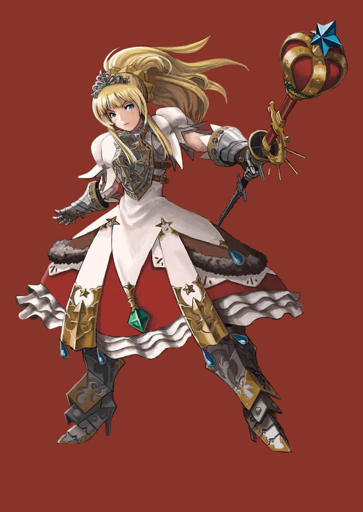 1girl, armor, armored_dress, atam, atlus, bad_id, bad_pixiv_id, blonde_hair, blue_eyes, dress, etrian_odyssey, gauntlets, kaburo, princess, princess_(sekaiju), princess_2_(sekaiju), red_background, scepter, sekaiju_no_meikyuu, sekaiju_no_meikyuu_3, sovereign_(sekaiju), sovereign_2_(sekaiju), staff, tiara