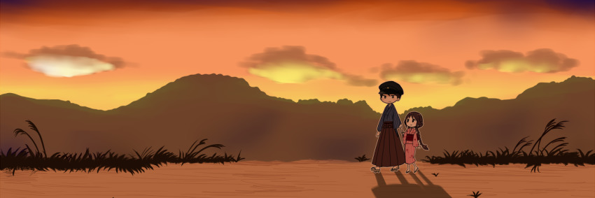 1boy, 1girl, arm_at_side, backlighting, black_eyes, black_headwear, black_skirt, blue_kimono