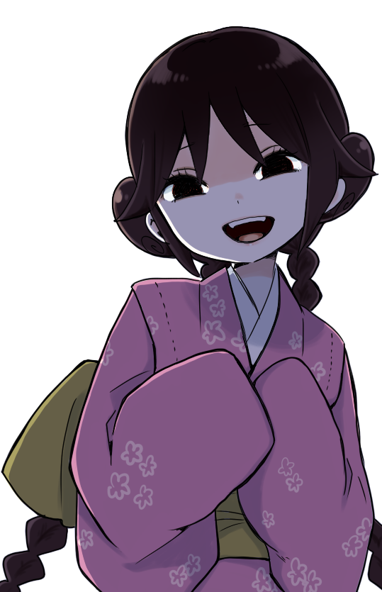 1girl, :d, backlighting, black_eyes, black_hair, braid, dot_nose, double_bun