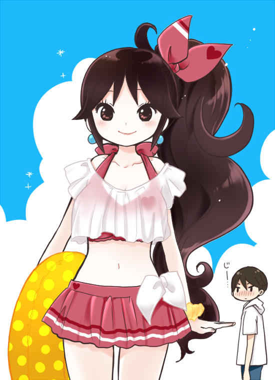 1boy, 1girl, :|, alternate_costume, alternate_hairstyle, arms_at_sides, big_hair, bikini