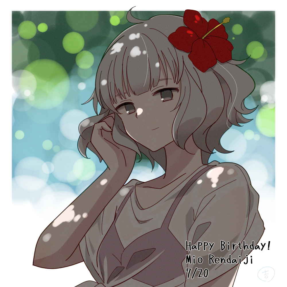 1girl, ahoge, blurry, blurry_background, breasts, dated, enkichi_totan, flower, grey_eyes, grey_hair, hair_flower, hair_ornament, tucking_hair, happy_birthday, hibiscus, medium_hair, rendaiji_mio, small_breasts, solo, station_memories, upper_body