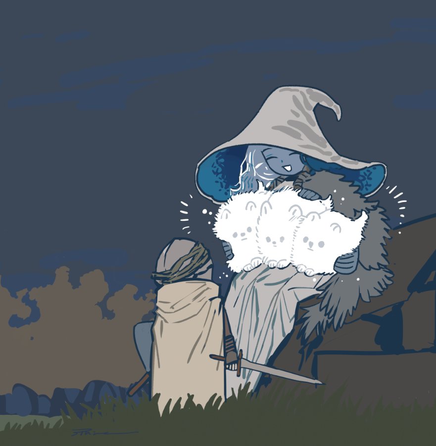 1boy, 1girl, :d, blue_skin, cape, colored_skin, elden_ring, grey_cape