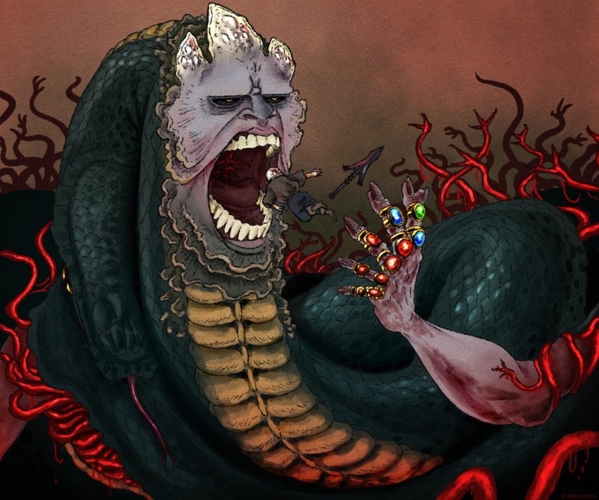 2boys, black_sclera, colored_sclera, eating, elden_ring, emma_ward, giant, giant_male, giant_monster, jewelry, jitome, monster, multiple_boys, multiple_rings, open_mouth, parody, prisoner_(elden_ring), ring, rykard_lord_of_blasphemy, snake, spoilers, tarnished_(elden_ring), vore, yellow_eyes