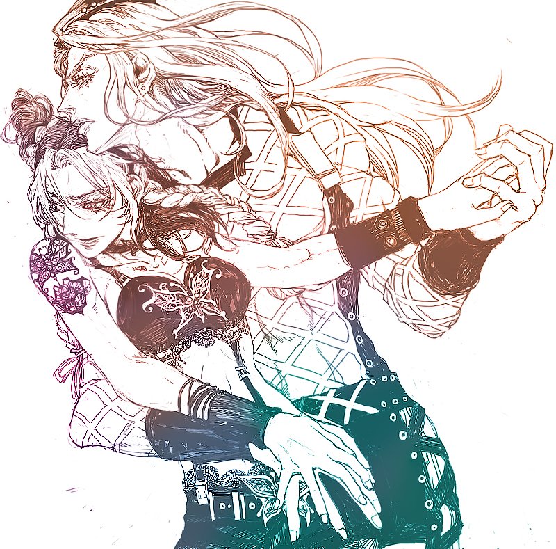 1boy, 1girl, agnesgd, bad_id, bad_pixiv_id, breasts, cleavage, collarbone, cone_hair_bun, couple, double_bun, fishnets, hair_bun, hetero, holding_hands, jojo_no_kimyou_na_bouken, kuujou_jolyne, long_hair, medium_breasts, midriff, narciso_anasui, stone_ocean, wristband