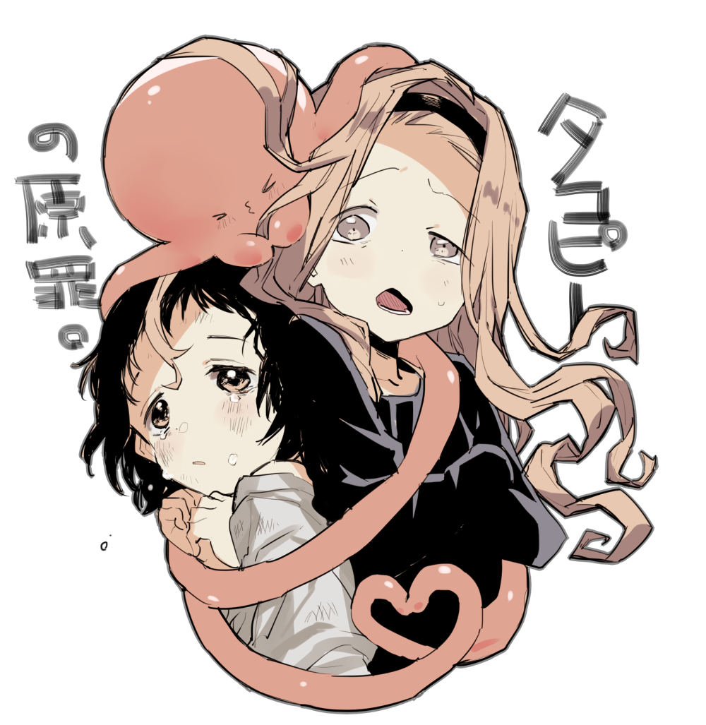 >_<, 2girls, black_legwear, blonde_hair, bound, creature, crying, hairband