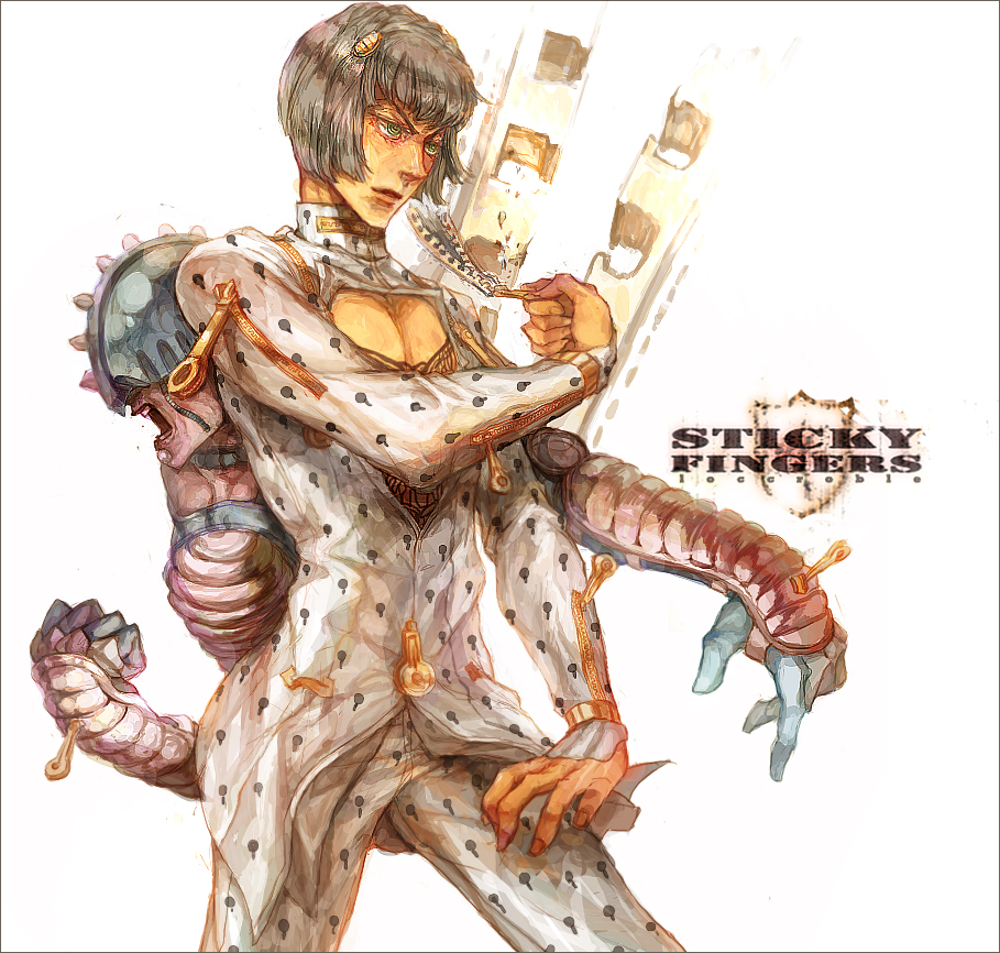 1boy, agnesgd, bad_id, bad_pixiv_id, black_hair, bruno_bucciarati, green_eyes, hair_ornament