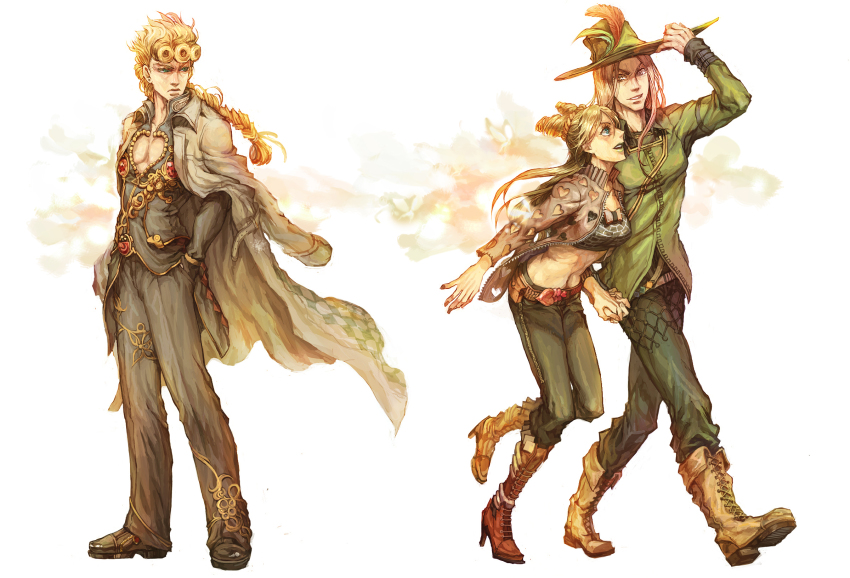 1girl, 2boys, agnesgd, alternate_costume, alternate_hairstyle, anakiss, bad_id, bad_pixiv_id, belt, blonde_hair, blue_eyes, boots, braid, coat, couple, double_bun, feathers, giorno_giovanna, green_eyes, green_lips, hat, hetero, highres, holding_hands, irene_(jojo), jojo_no_kimyou_na_bouken, kuujou_jolyne, lipstick, long_coat, long_hair, makeup, midriff, multiple_boys, nail_polish, narciso_anasui, official_alternate_costume, overcoat, pink_hair, smile, stone_ocean, vento_aureo, walking