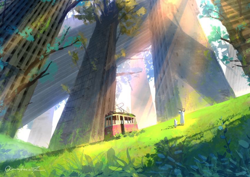 2others, branch, building, cart, collapsed, commentary_request, debris, goat, grass, highres, katou_oswaldo, moss, multiple_others, original, outdoors, overgrown, post-apocalypse, rubble, ruins, scenery, sky, sunlight