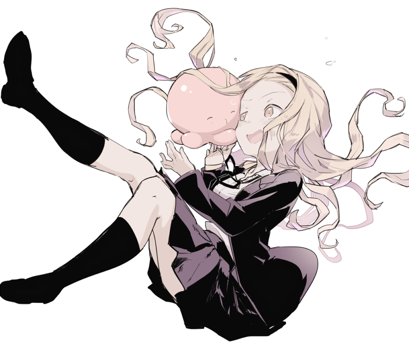 1girl, black_legwear, blonde_hair, creature, falling, hairband, kirarazaka_marina, long_hair