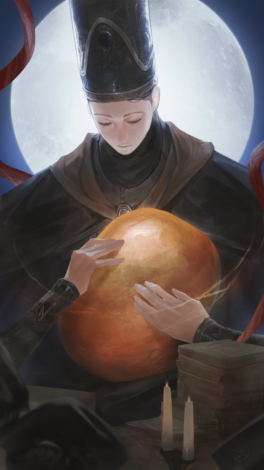 1girl, absurdres, amber_(gemstone), black_hair, book, book_stack, candle, closed_mouth, crown, elden_ring, closed_eyes, full_moon, fzed, gem, hat, highres, holding, moon, rennala_queen_of_the_full_moon, robe, solo, wizard_hat