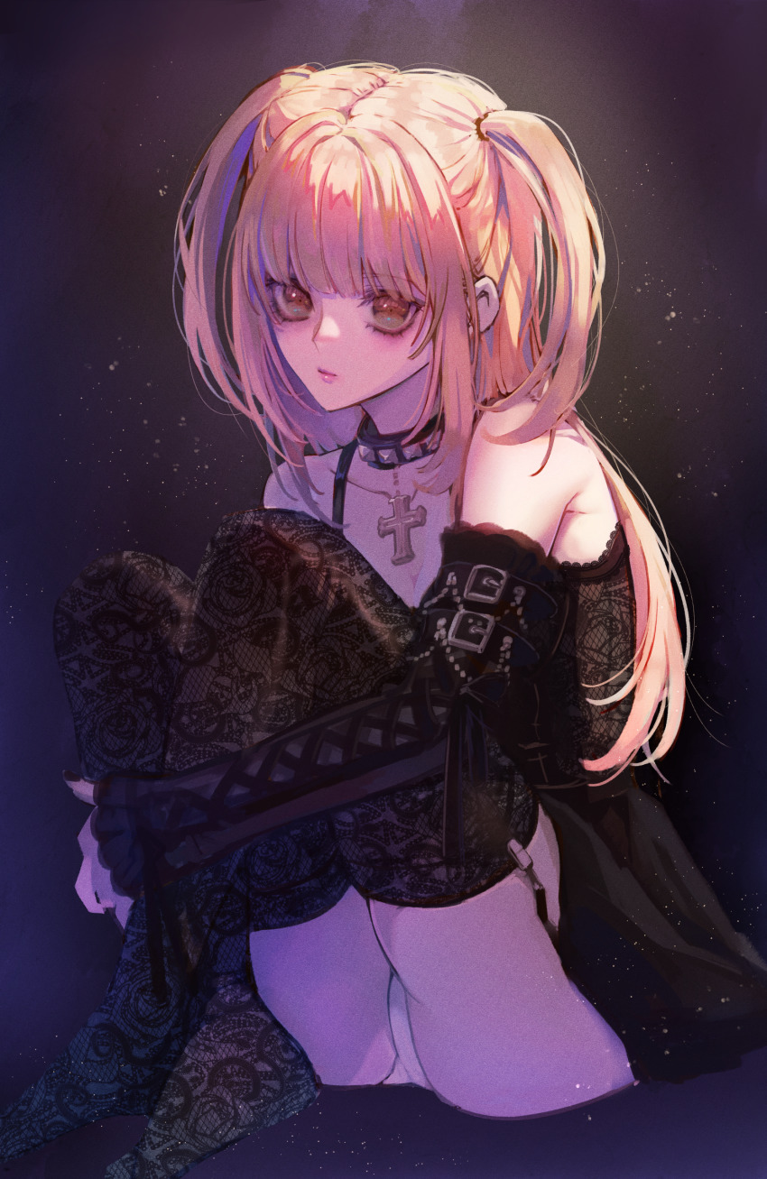 1girl, amane_misa, black_collar, black_dress, black_nails, black_ribbon, black_sleeves, black_thighhighs, blonde_hair, breasts, brown_eyes, cleavage, closed_mouth, collar, collarbone, cross, cross_necklace, death_note, detached_sleeves, dress, garter_straps, highres, hugging_own_legs, jewelry, long_hair, long_sleeves, misty_cj, nail_polish, necklace, panties, pantyshot, ribbon, short_dress, sitting, sleeveless, sleeveless_dress, small_breasts, solo, thighhighs, twintails, underwear, very_long_hair, white_panties