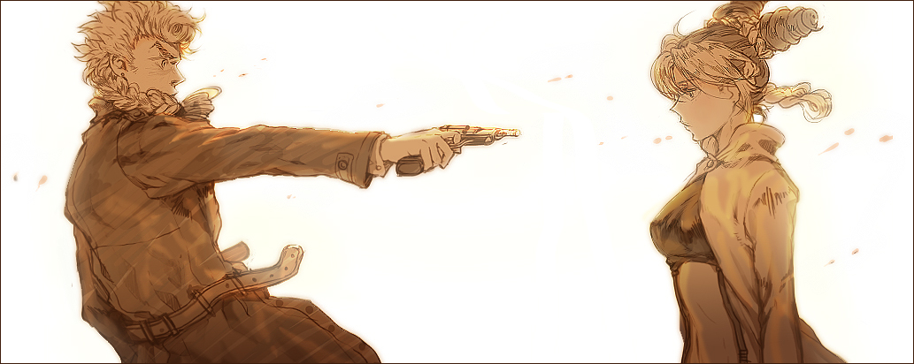 1boy, 1girl, agnesgd, bad_id, bad_pixiv_id, belt, braid, brown_theme, coat, cone_hair_bun, double_bun, giorno_giovanna, gun, hair_bun, handgun, jojo_no_kimyou_na_bouken, kuujou_jolyne, long_coat, midriff, monochrome, simple_background, trench_coat, vento_aureo, weapon, white_background