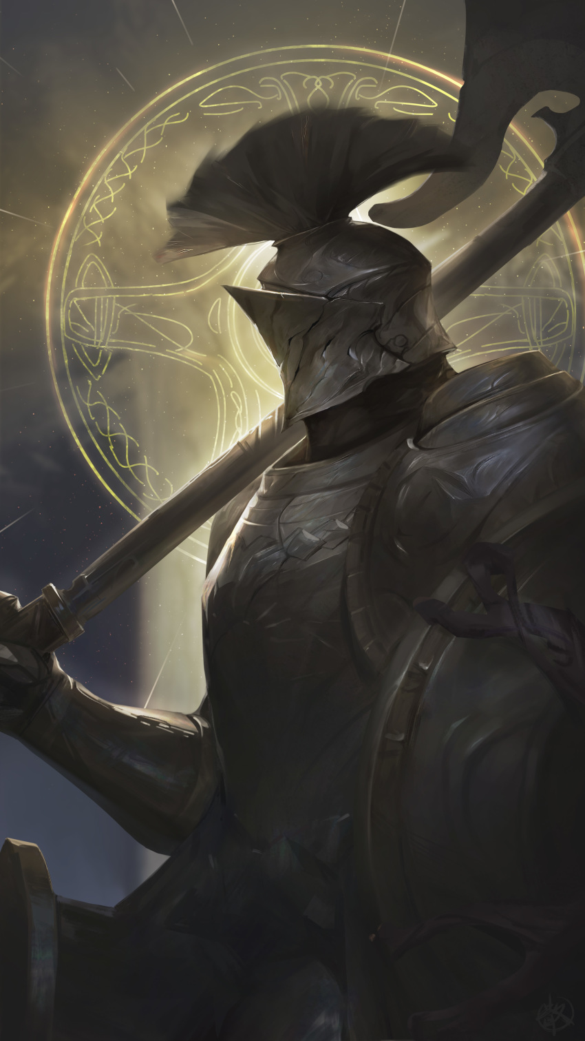 1other, absurdres, ambiguous_gender, armor, breastplate, elden_ring, erdtree_(elden_ring), full_armor, fzed, halberd, helmet, highres, holding, holding_polearm, holding_shield, holding_weapon, pauldrons, plume, polearm, shield, shoulder_armor, tree_sentinel, weapon