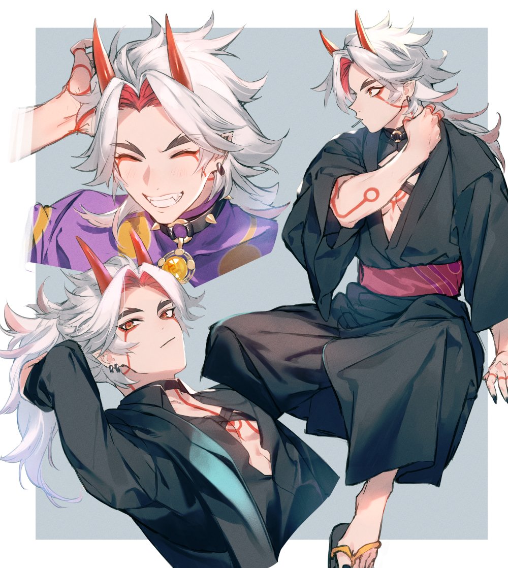 1boy, :|, ^_^, arataki_itto, arm_behind_head, black_choker, black_kimono, black_nails