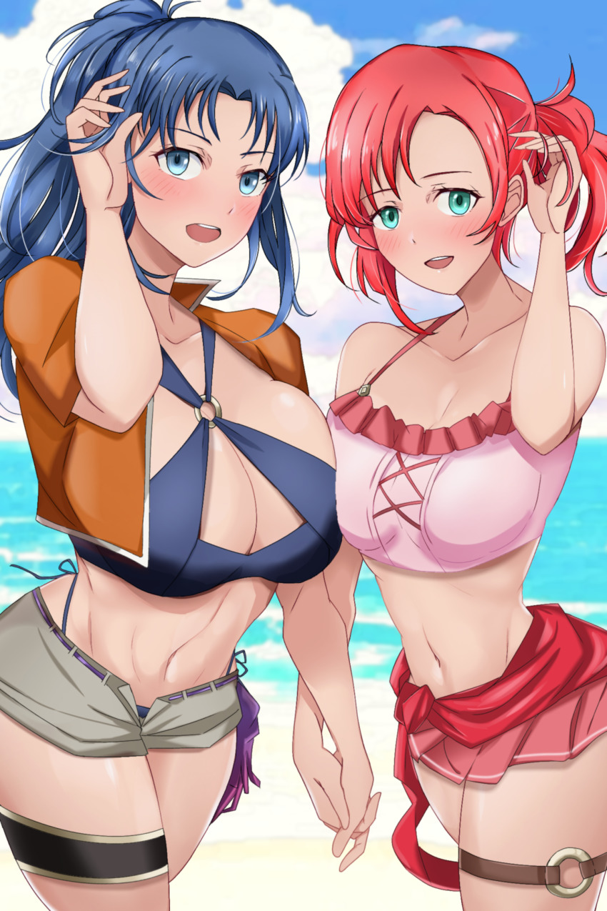 2girls, alternate_costume, beach, blue_eyes, blue_hair, breasts, cleavage, fire_emblem