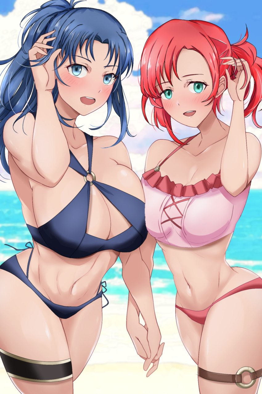 2girls, beach, blue_eyes, blue_hair, breasts, cleavage, fire_emblem, fire_emblem:_mystery_of_the_emblem
