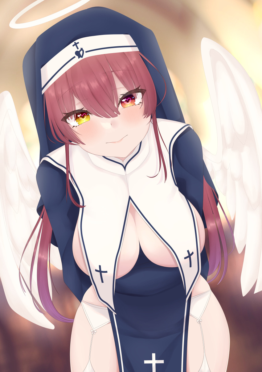 1girl, absurdres, angel, angel_halo, angel_wings, blush, breasts, habit, hair_between_eyes, heart, heart-shaped_pupils, highres, hololive, houshou_marine, houshou_marine_(nun), large_breasts, lingerie, long_hair, looking_at_viewer, matoimiia, nun, symbol-shaped_pupils, thick_thighs, thighs, underwear, very_long_hair, virtual_youtuber, wings, yellow_eyes
